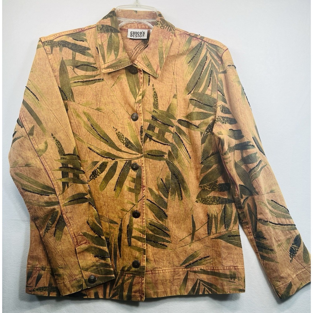 Chicos Design Beaded Women's Size 1  Tropical Leaf Print Button Front Blazer